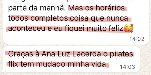 Print de depoimento no grupo do PilatesFlix: aluna relata studio com horários todos completos pela primeira vez depois de aplicar o método.