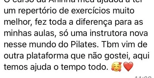 Print de depoimento no grupo do PilatesFlix: aluna compara a plataforma com uma anterior de que não gostou e destaca o suporte constante do PilatesFlix.