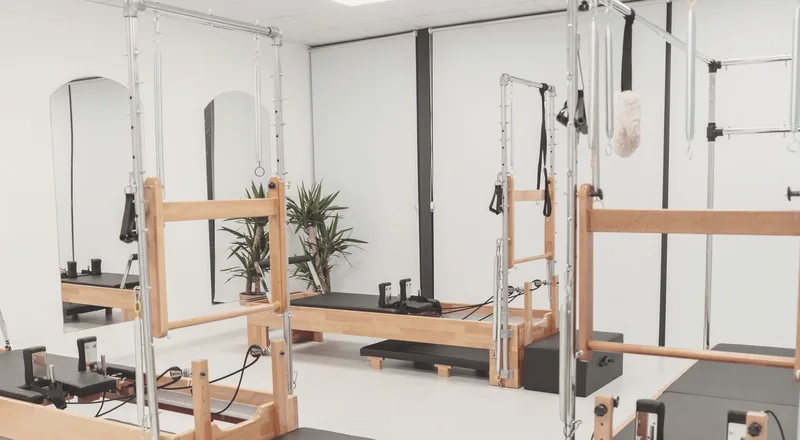 Sala de pilates com reformer, torre e cadillac lado a lado, espelhos e plantas ao fundo.